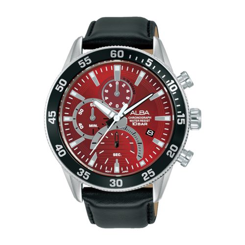 ALBA Men's Hand Watch ACTIVE Black Leather Strap Red Dial AM3899X1
