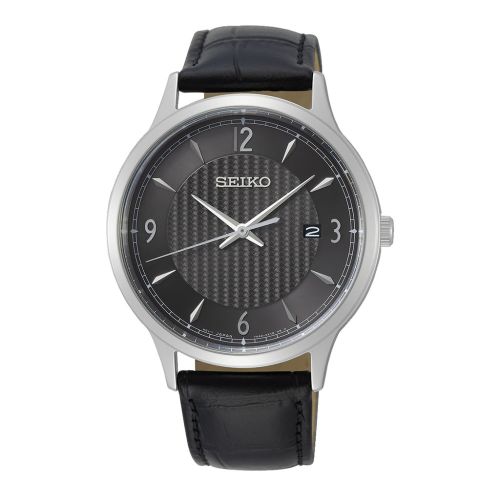 SEIKO Men's Hand Watch QUARTZ Black Leather Strap Black Dial SGEH85P1