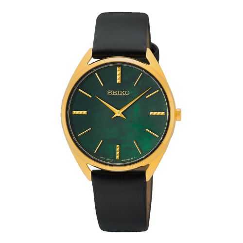 SEIKO Ladies' Hand Watch QUARTZ Black Leather Band Green Dial SWR080P1