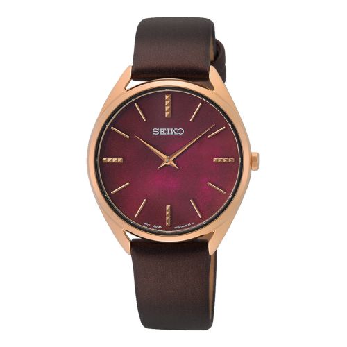 SEIKO Ladies' Hand Watch QUARTZ Brown Leather Band Red Dial SWR082P1